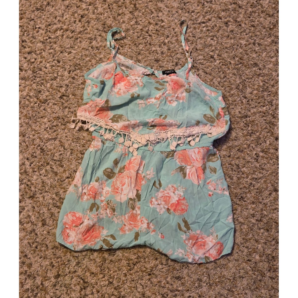 Rue21 Spaghetti Strap Floral Print Romper Women's Size Medium Teal Pink
